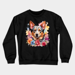 An australian cattle dog decorated with beautiful watercolor flowers Crewneck Sweatshirt